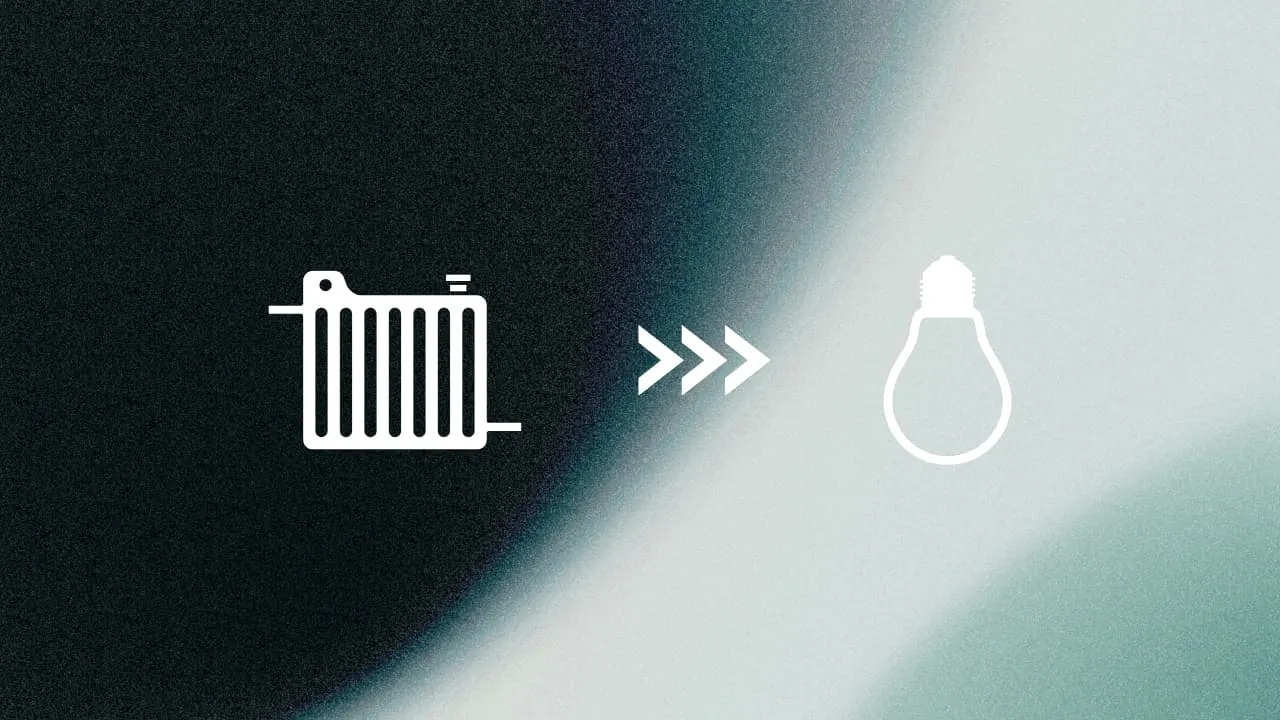Gradient background with an arrow pointing from a radiator to a lightbulb