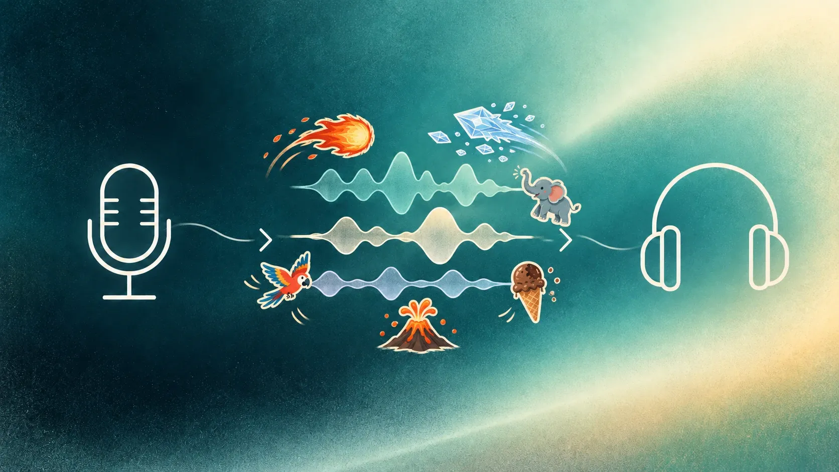 Illustration of a microphone and headphones connected by sound waves, surrounded by a fireball, ice crystals, an elephant, a parrot, a volcano and an ice cream cone
